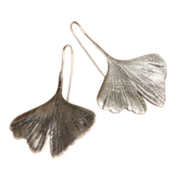 Silver Gingko Biloba Leaf Earrings 3D Leaves Nature Modern Botanical Minimalist